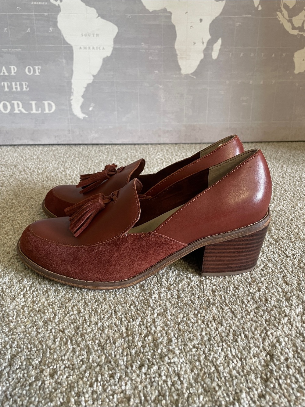 NWOT Seychelles Descent Women’s Tassel Block Heel Loafers in Rust Brown